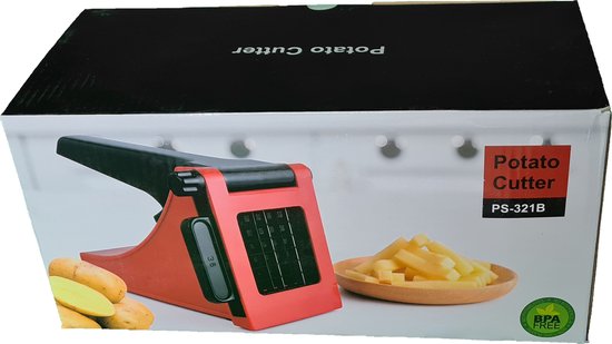 Verpakking met rode en zwarte frietsnijder, aardappelen en een kom met friet. Potato Cutter.