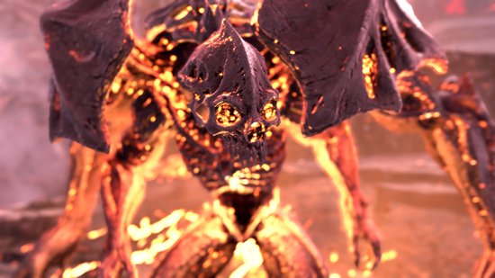 Close-up van een demonisch wezen met een schedelachtig gezicht en een gloeiend, vurig lichaam.