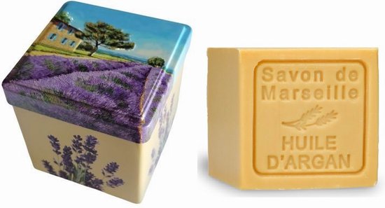 Metalen zeepblik vierkant met opdruk Vue Provence met zeepblok Arganolie– Vintage voorraadblik – Franse handzeep – Marseille zeep Marseillezeep