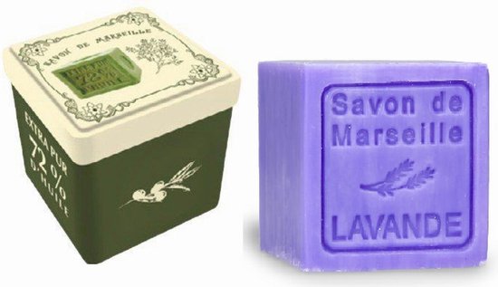Metalen zeepblik vierkant met opdruk Savon de Marseille vert met zeepblok Lavendel – Vintage voorraadblik – Franse handzeep – Marseille zeep Marseillezeep