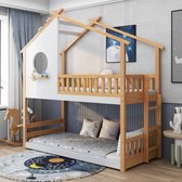 Lit superposé Kid House bed avec échelle rectangulaire-lit en hauteur enfant avec protection antichute et barrière/cadre en bois de pin-blanc naturel (200x90cm)