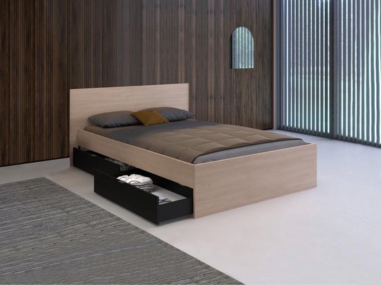Bed met 2 lades 140 x 190 cm Kleur: naturel en zwart - VELONA L 164.4 cm x H 82.6 cm x D 193.6 cm