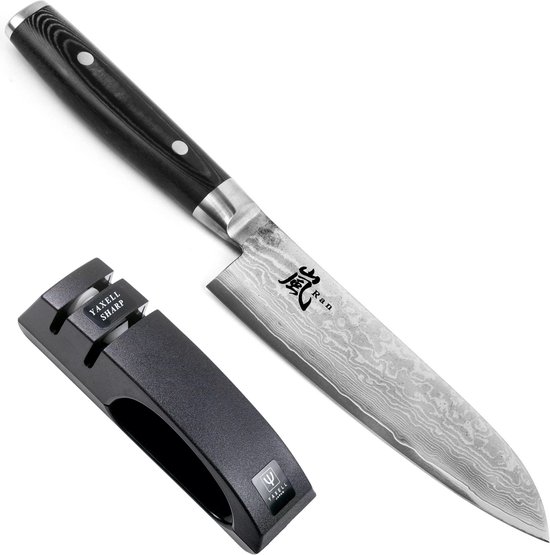 Yaxell Japonais - Série Ran - Ensemble de couteaux 2 pièces - Aiguiseur de couteaux et Santoku - Acier VG10 - 61 HRC - Lame 16,5 cm - Acier Damas 69 couches - Manche Toile-Micarta