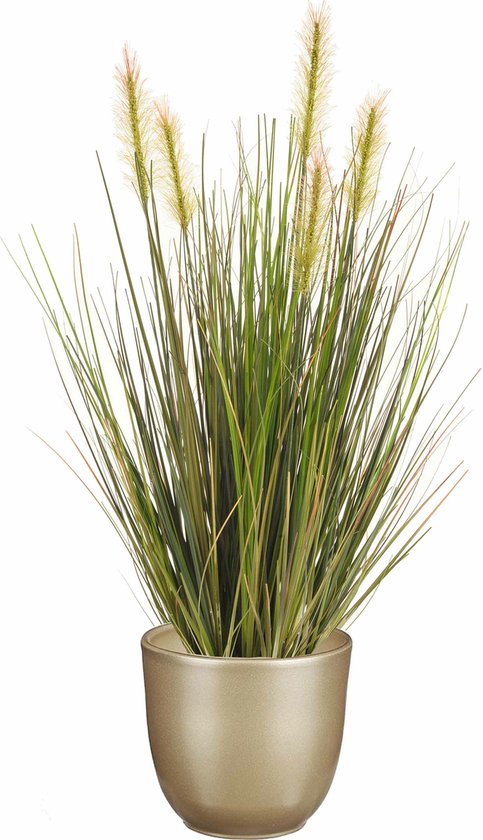 Plante artificielle Emerald - brins d'herbe verte 45 cm - dans un pot de fleur en céramique brillant doré