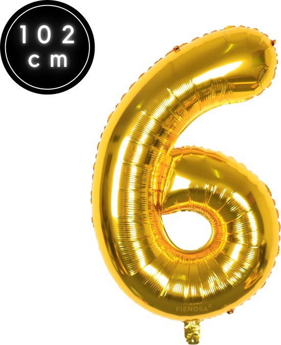 Cijfer Ballonnen - Nummer 6 - Goud Kleur - 102 cm - XXL Groot - Helium Ballon - Fienosa
