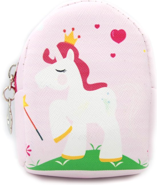 Tashanger kinderen meisjes portemonnee buideltje unicorn 7x10 cm met rits kunstleer licht roze