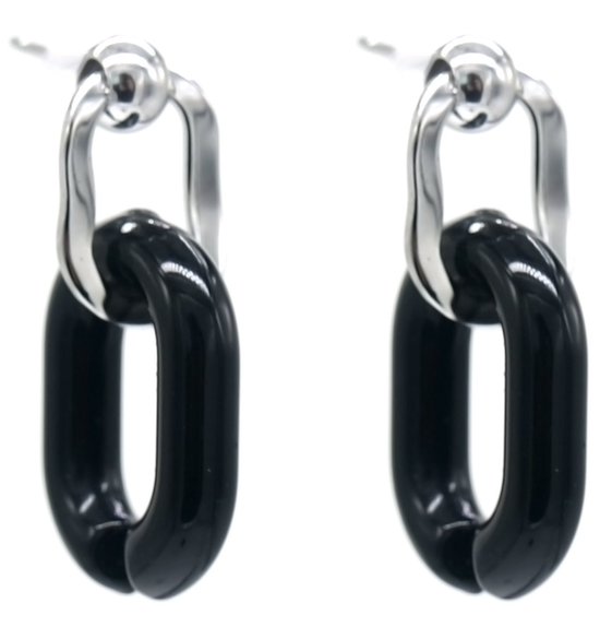 Oorbellen met Ovaal - RVS - 2,8 cm - Zilverkleurig en Zwart