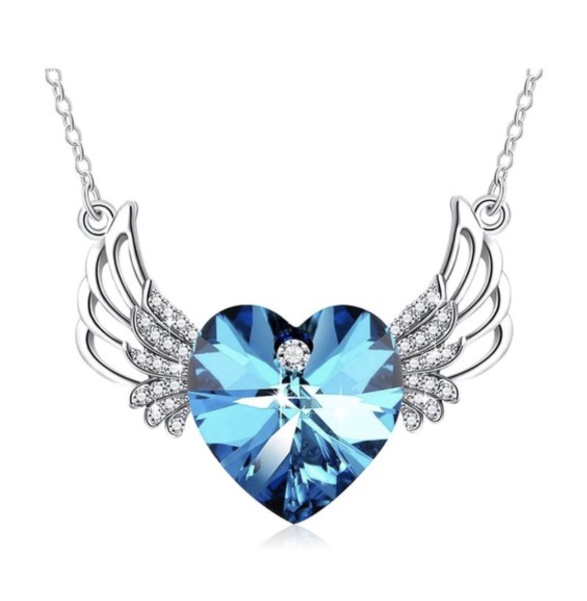 ketting dames | ketting dames met hart | ketting dames met engel vleugels | angel ketting | blauwe ketting | ketting met gedenkhanger | blauwe steen | zilverkleurig