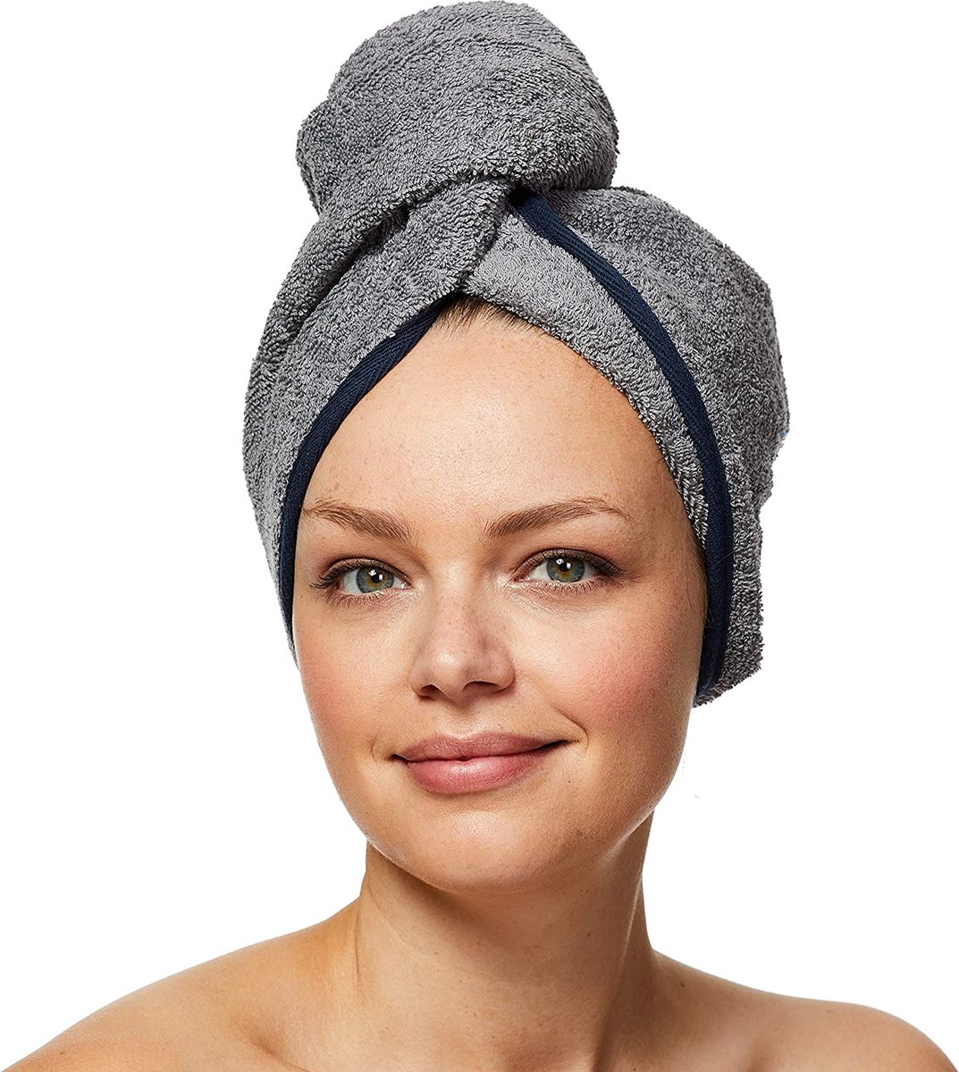 Sowel® Haartulband van 100% biologisch katoen, tulband handdoek met knoop, dames en heren, grijs/marineblauw