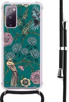 Hoesje met koord geschikt voor Samsung Galaxy S20 FE - Vogels Japanse bloemen - Inclusief zwart koord - Crossbody beschermhoes - Transparant, Groen - Mooie Telefoonhoesjes