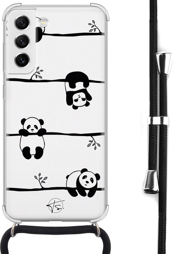 Coque de téléphone transparente avec des pandas sur des branches et un cordon noir réglable.