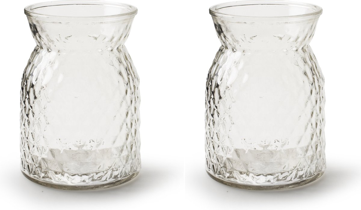 Jodeco Bloemenvaas - 2x stuks - helder bewerkt/transparant glas - 16 x 12 cm