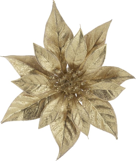 Cosy & Trendy Bloemen - kerststerren - goud glitter - op clip - 18 cm