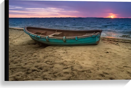 WallClassics - Toile - Bateau bleu solitaire sur la plage en mer - Tableau 60x40 cm sur toile (Décoration murale sur toile)