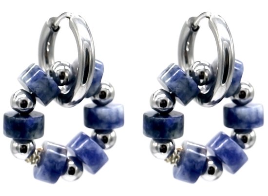 Oorbellen met Steentjes - RVS - 1,5x2,5 cm - Zilverkleurig en Blauw