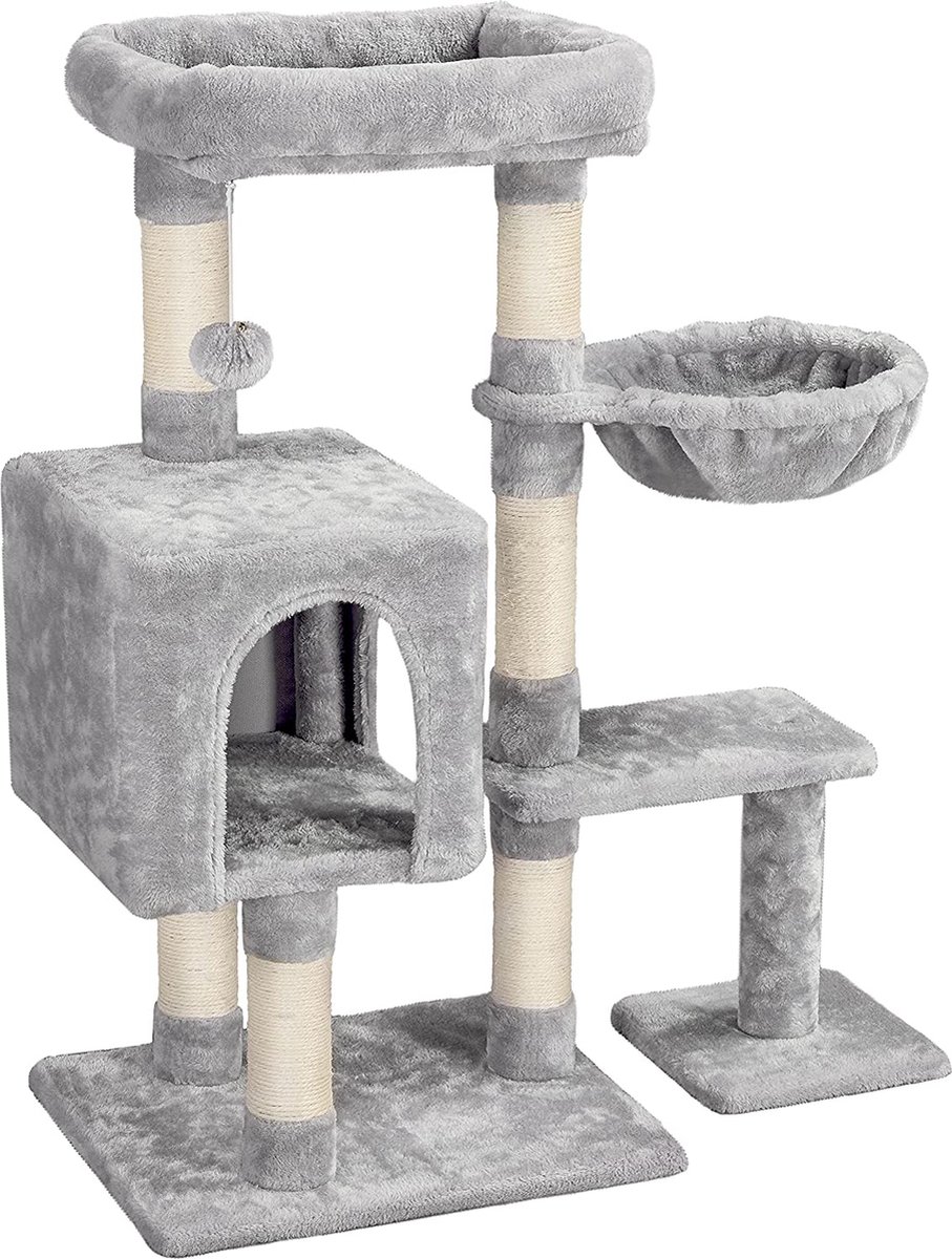 Kattenkrabpaal, stabiele krabpaal, 96 cm hoog, met mand grot en sisal, klimboom, kattenparadijs, lichtgrijs HM-YAHEE-592048