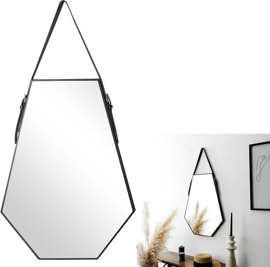 Spiegel Diamant vorm Metaal 66x49 cm met Ophangriem - Zwart