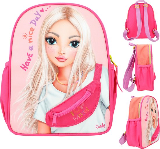 Roze rugzak met TOPModel print, 'Have a nice Day' tekst en heuptasje. Diverse aanzichten.