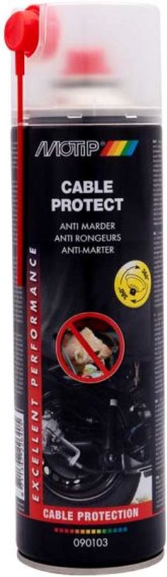 Motip spuitbus Cable Protect, met rode dop en witte tekst. Beschermt tegen knaagdieren.