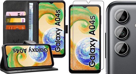 Foto: Hoesje geschikt voor samsung galaxy a04s a13 5g screenprotector glassguard camera lens screen protector book case leer pasjeshouder zwart