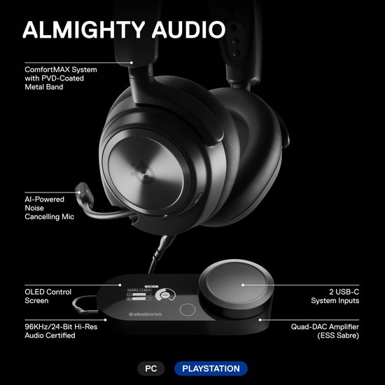 SteelSeries Arctis Nova Pro gaming headset en bedieningsconsole met tekst 'ALMIGHTY AUDIO'.