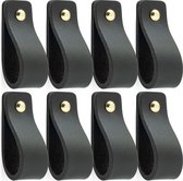 Buffel&Co Leren Handgrepen – Meubelgreep – Handvaten Kast – Keukengreep – Ladegreep – Leren Lus – Incl. sierschroeven goud - Set van 8 – 100% Buffel Leer - Mat Zwart