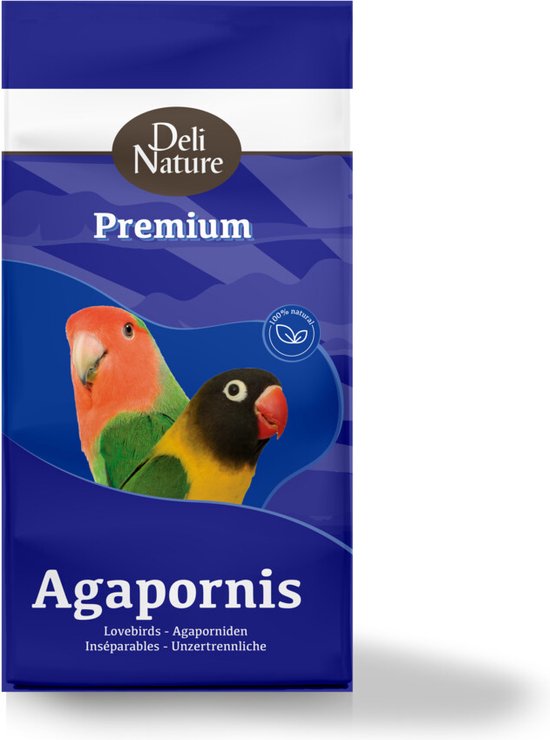 Deli Nature Premium Agapornis voerzak, 1 kg. Twee agapornissen op de voorkant, één roze en één gele met zwarte kop.