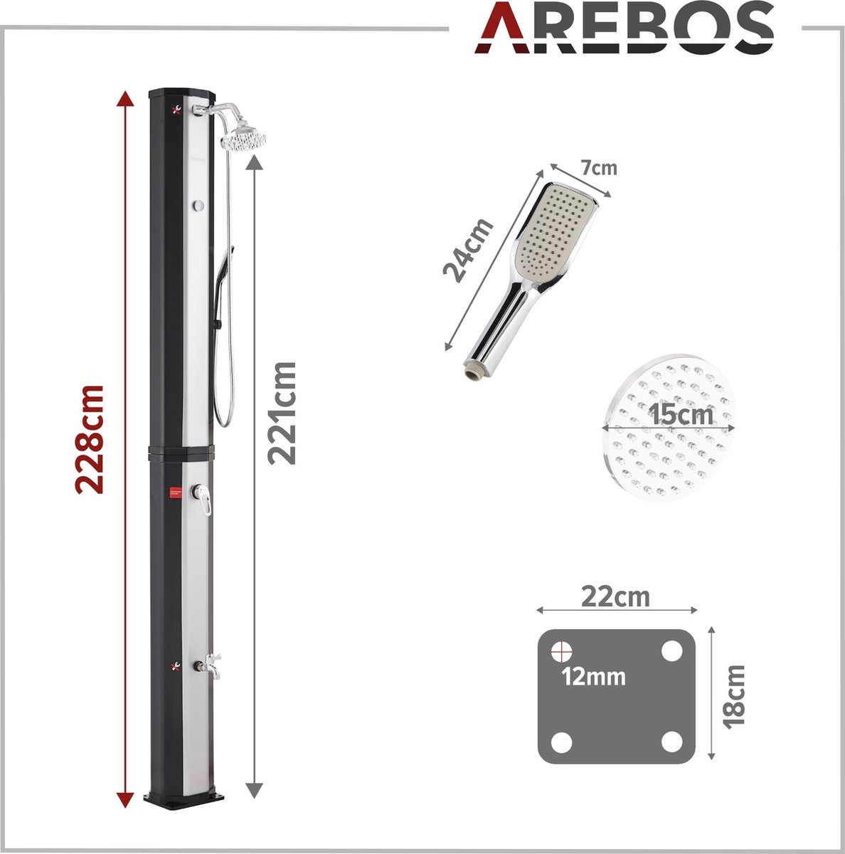Arebos Zonnedouche - Tuindouche 20L - 221cm - Buitendouche met geïntegreerde thermometer - Ronde Douchekop - met voetendouche | Tuindouche met tuinslangaansluiting - Snap-in technologie