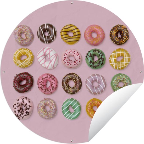 Tuincirkel Kleurrijke donuts op roze achtergrond - 150x150 cm - Ronde Tuinposter - Buiten