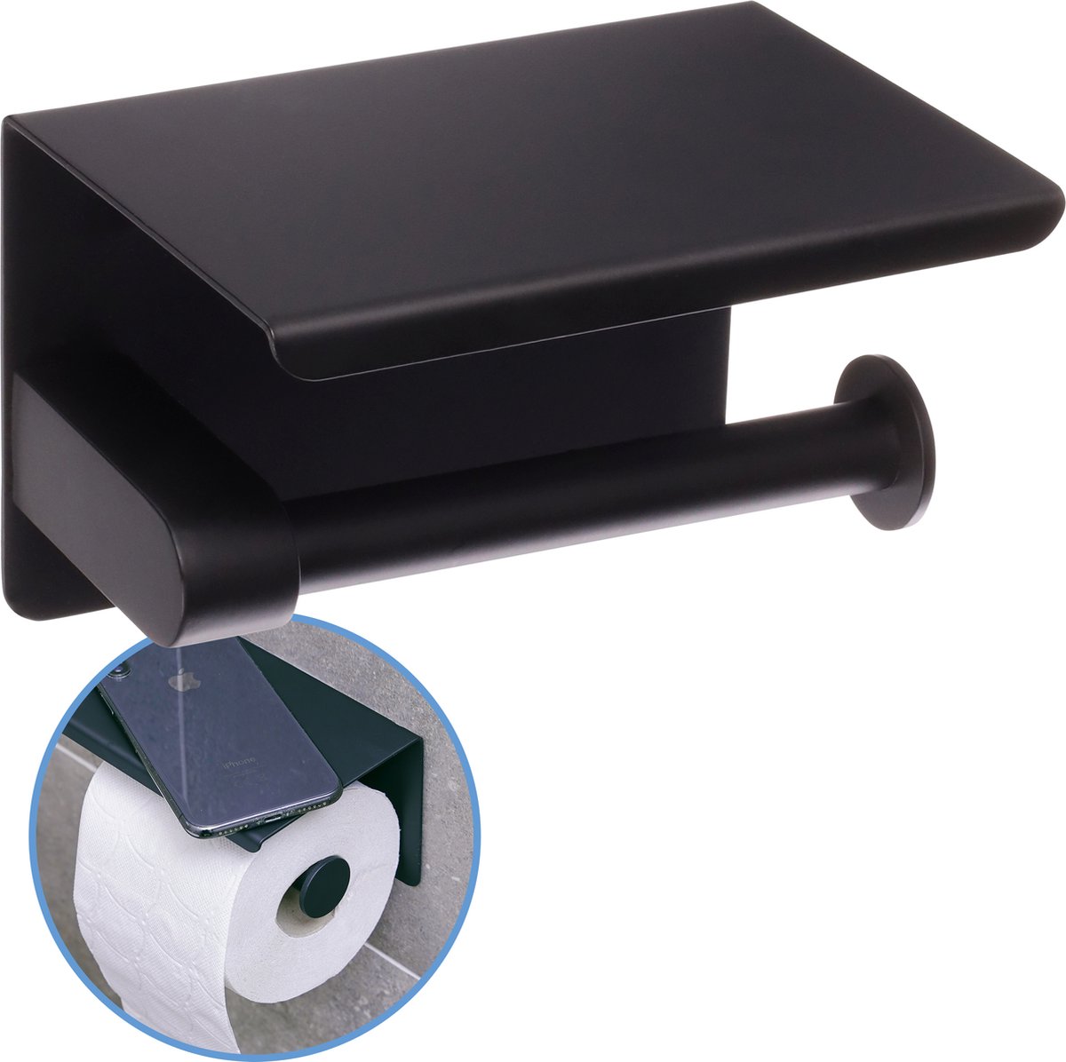 Sanics WC Rolhouder Zwart – Toiletrolhouder zonder Boren – WC Papier Houder Met Plankje - Zelfklevend - RVS