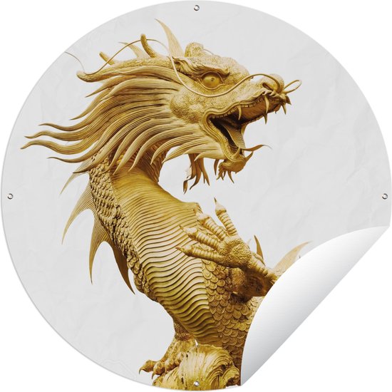 Tuincirkel Gouden standbeeld van een Chinese draak - 120x120 cm - Ronde Tuinposter - Buiten XXL / Groot formaat!