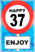 Happy age kaart 37 jaar (wenskaart met button)