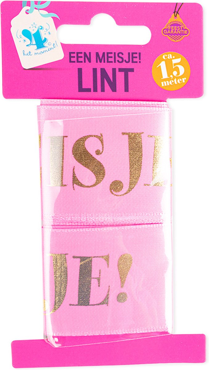Roze lint - tekst goudkleurige letters Hoera een meisje! - lengte ca. 1.5 meter van Partydeco — afbeelding 2