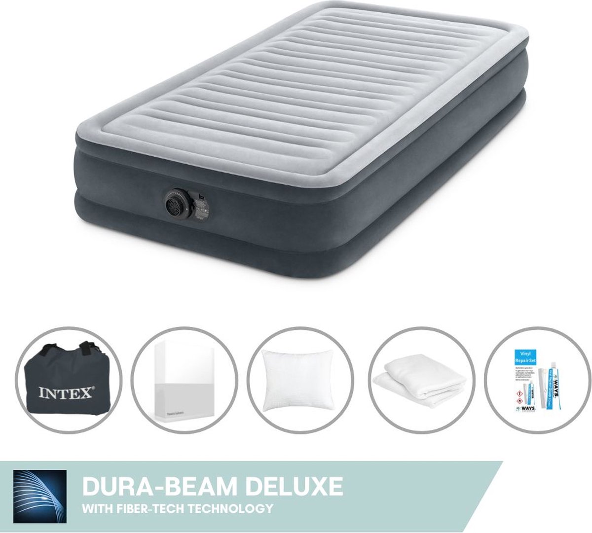 Intex Luchtbed - 1 Persoons - 99 x 191 x 33 cm - Grijs - Inclusief pomp - Hoeslaken - Kussen - Kussenbeschermer en Reparatieset