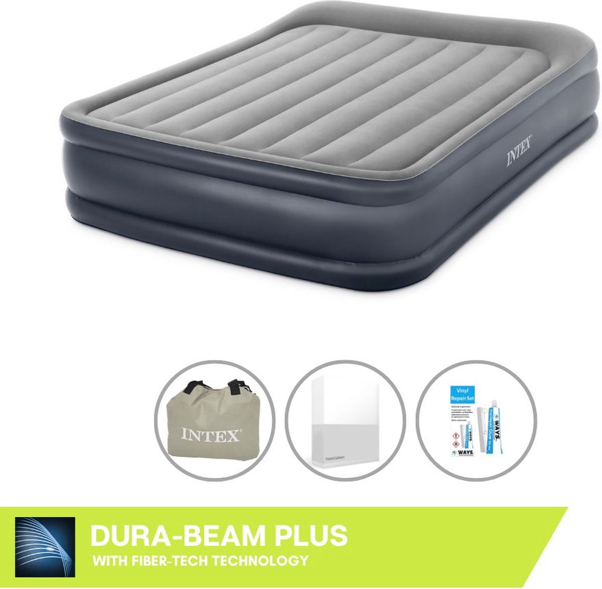 Intex Luchtbedset- 2-Persoons - 152 x 203 x 42 cm - Grijs - Met pomp + Hoeslaken Wit + Reparatieset