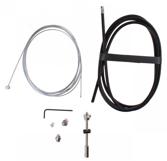 Set met RVS binnenkabel (230cm) en zwarte buitenkabel (175cm) voor trommelrem, inclusief diverse montagetools.