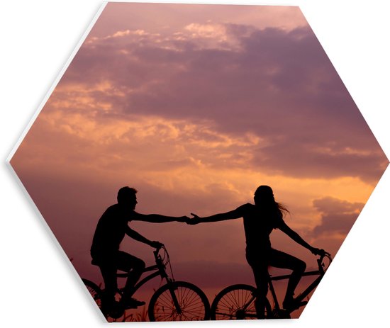 WallClassics - Feuille de mousse PVC Hexagone - Silhouette de couple à vélo près du soleil du soir - 30x26,1 cm Photo sur Hexagone (avec système de suspension)