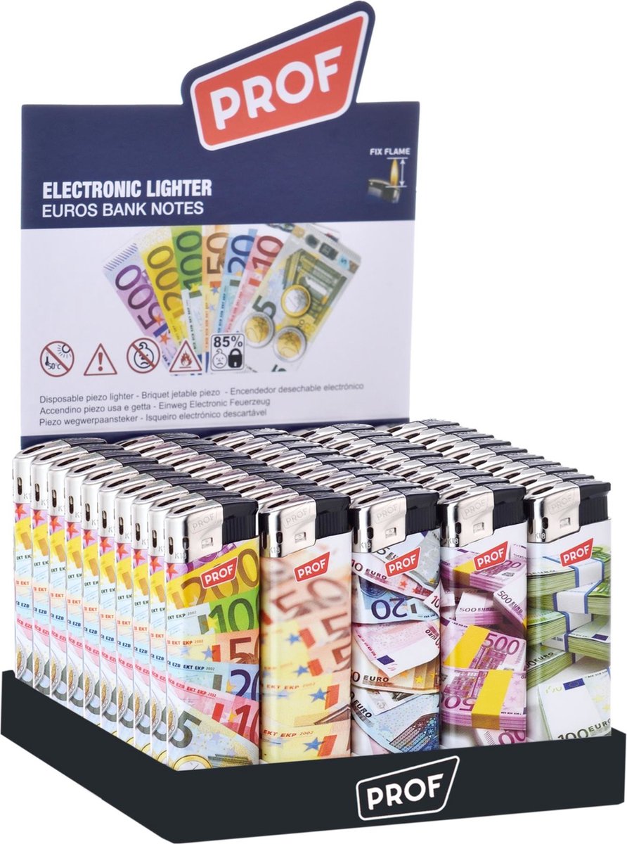 Goedkoopste Prof Wegwerpaanstekers - Euro Bankbiljetten - 50 stuks - 8 x 2.4 x 1.2 cm - Display verpakking