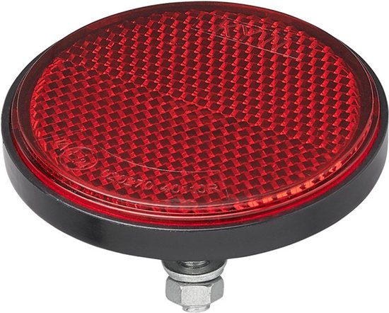 Rode ronde fietsreflector met KYW-logo en boutbevestiging.