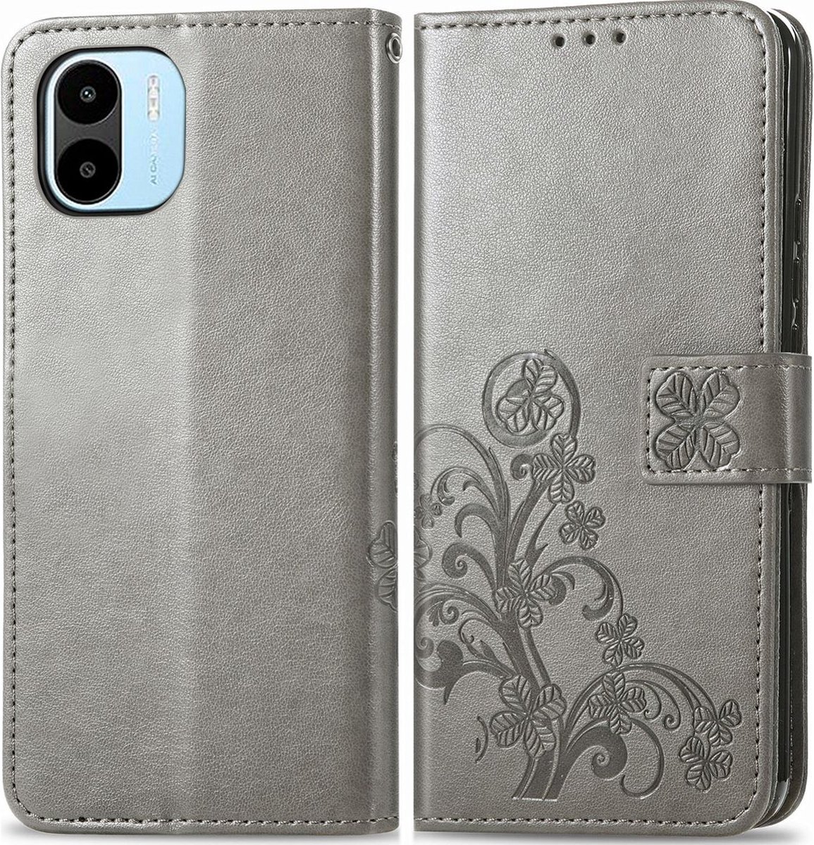 Mobigear Telefoonhoesje geschikt voor Xiaomi Redmi A1 4G Hoesje | Mobigear Clover Bookcase Portemonnee | Pasjeshouder voor 3 Pasjes | Telefoonhoesje voor Pinpas / OV Kaart / Rijbewijs - Grijs