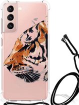 Anti Shock Bumper Case Geschikt voor Samsung Galaxy S21 FE Smartphone hoesje met doorzichtige rand Tiger
