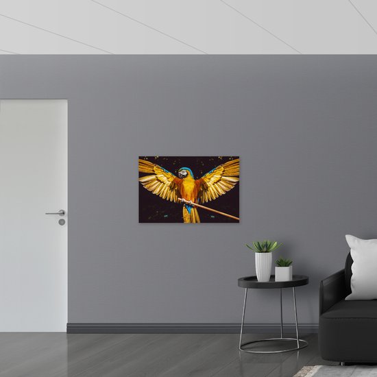 Acrylglas - Blauw met Gele Are Papegaai met Gespreide Vleugels - 90x60 cm Foto op Acrylglas (Met Ophangsysteem)