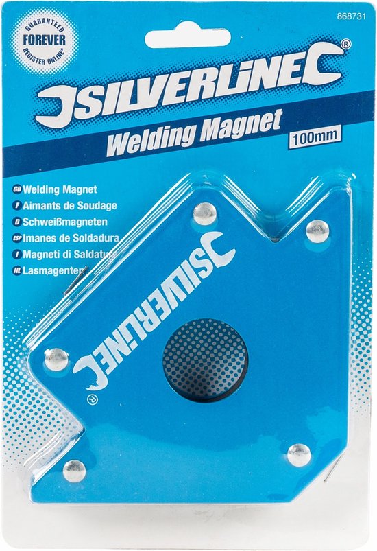 Blauwe Silverline lasmagneet 100mm in verpakking met tekst
