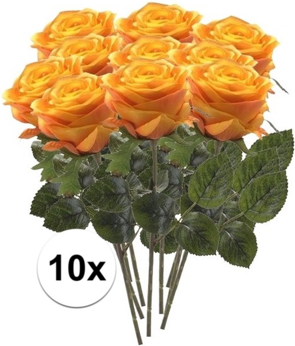 Bellatio Flowers & Plants Emerald Kunstbloem roos Simone - 10x - geel/oranje - 45 cm - decoratie bloemen