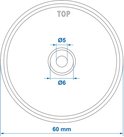 Technische tekening van ronde reflector. Diameter 60 mm. Gecentreerd gat 5 en 6 mm.