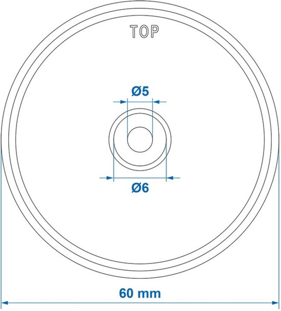 Technische tekening van ronde reflector. Diameter 60 mm. Gecentreerd gat 5 en 6 mm.