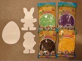 Hama strijkkralen set voor PASEN met de vormen / grondplaat paasei, paashaas (konijn), kuiken (kip), midi strijkparels in groen, bruin, geel en paars (creatief cadeau idee voor kinderen!)