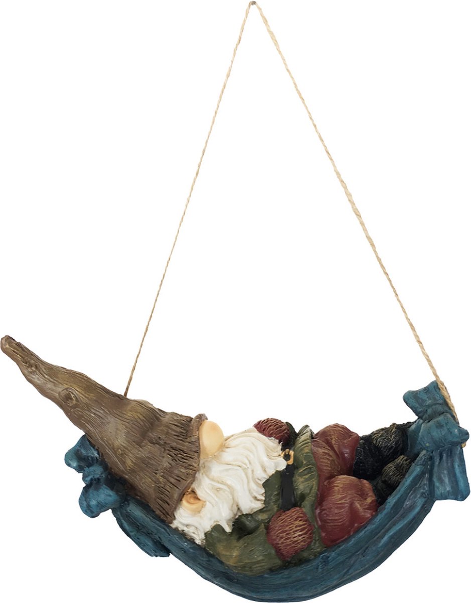 Tuinkabouter hangmat - 22 cm - bruin - ophang touw - tuin- en binnendecoratie - polyresin beeldje
