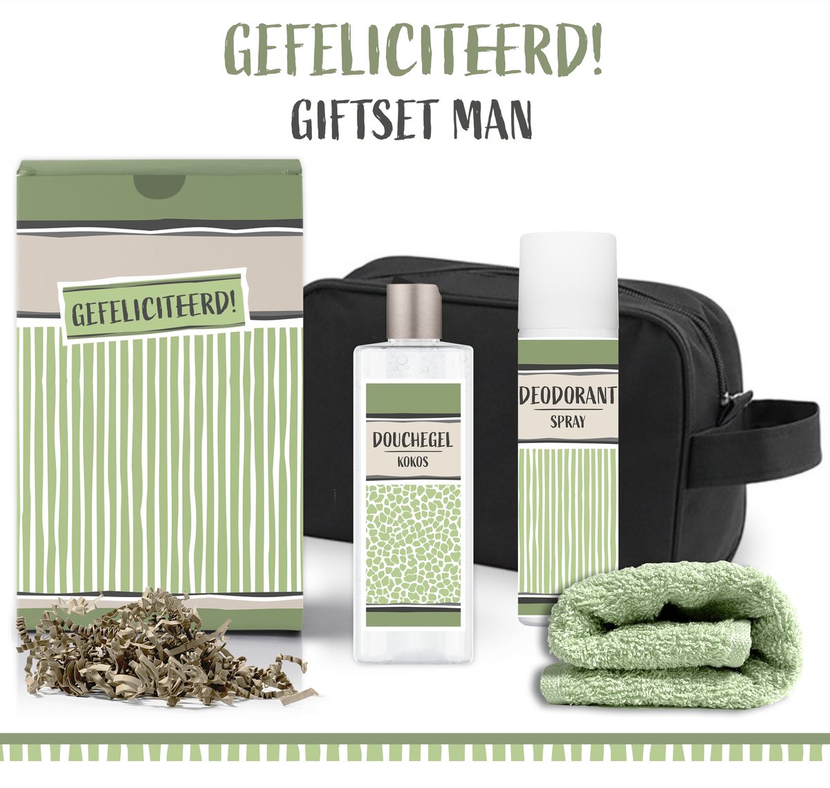 Goedkoopste Geschenkset Gefeliciteerd - 4 producten - 400 gram | Giftset Man - Toilettas zwart - Luxe Wellness cadeaubox - Cadeau Gift Set - Verjaardag - Geslaagd - Winnaar - Wellness - Cadeau - Vader - Collega - Vriend - Diploma School - Studie - Rijbewijs