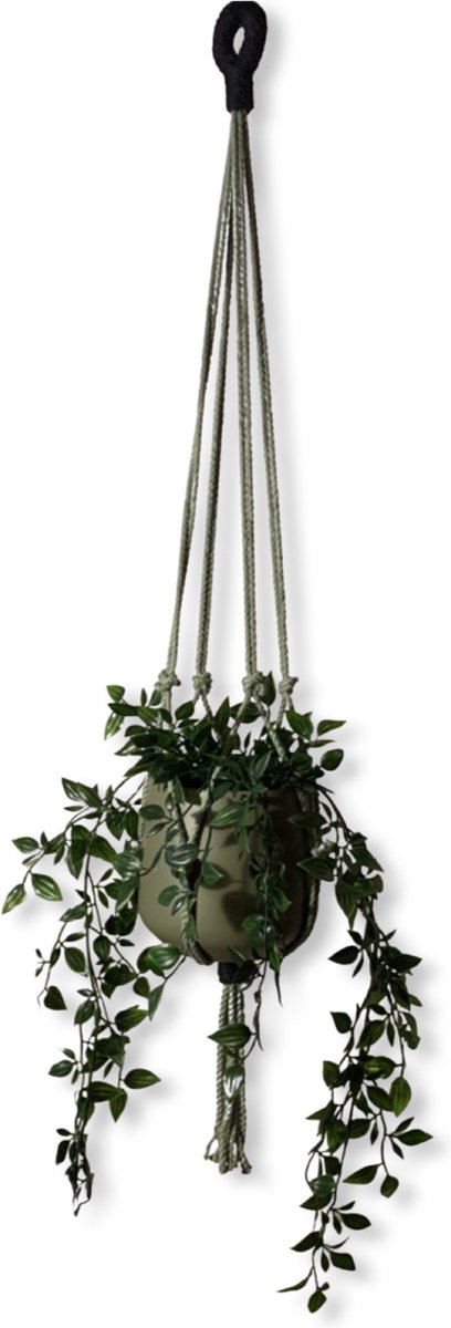 Plantenhanger 'Wacky' Olijfgroen/Zwart - 100 cm lang - Katoenkoord - Geschikt voor Pot met Diameter t/m 20 cm - Handgemaakt in ons Macramé Atelier - Prijs per Stuk - Let op: Exclusief Pot - Inclusief Verzendkosten